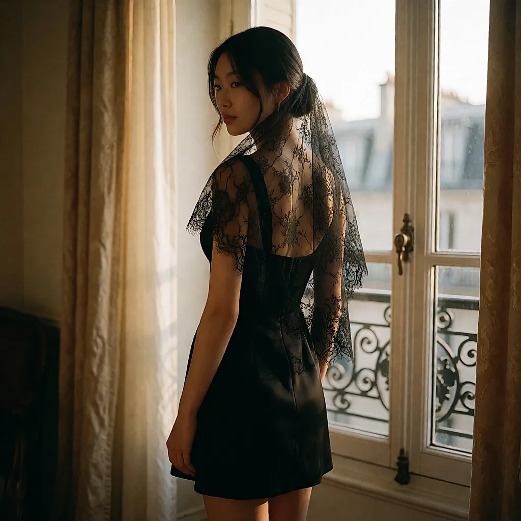 Robe bustier noire en soie à voile de dentelle sur les épaules, vue de dos dans un intérieur au crépuscule