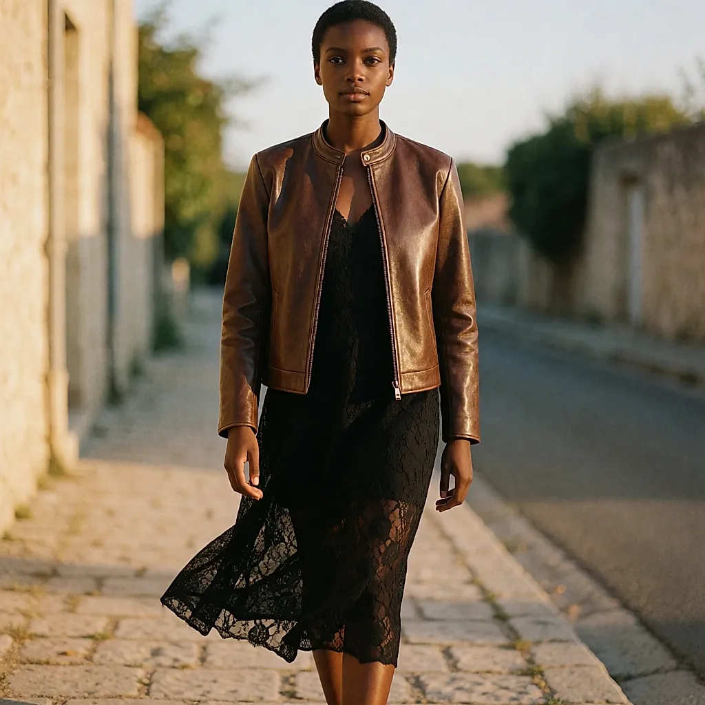 Blouson en cuir de mouton marron à col mao porté ouvert sur une robe en dentelle noire, dans la rue