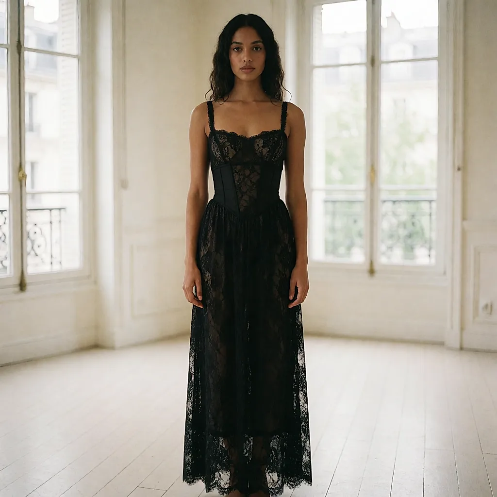 Robe longue en dentelle noire à taille corset et fines bretelles, portée en pied dans un appartement clair
