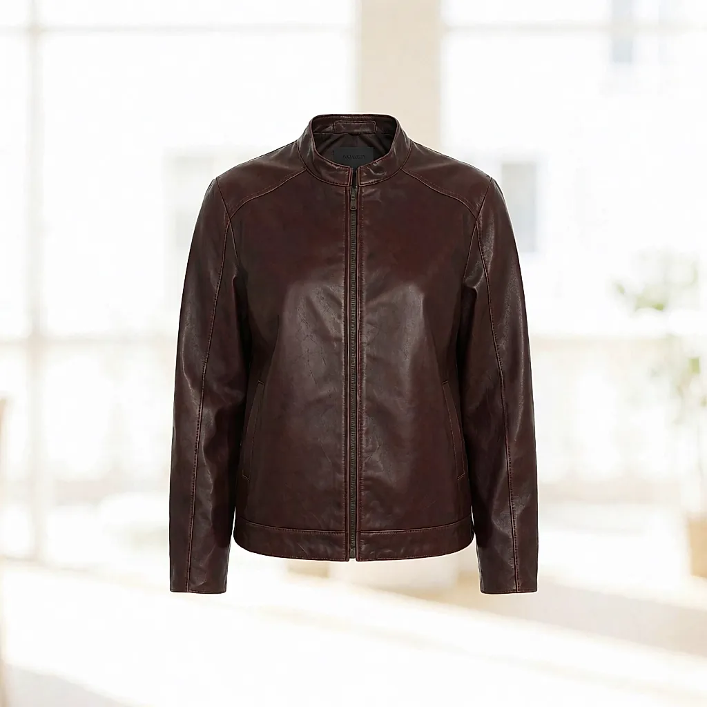 Blouson Oakwood en cuir marron légèrement brillant à col mao