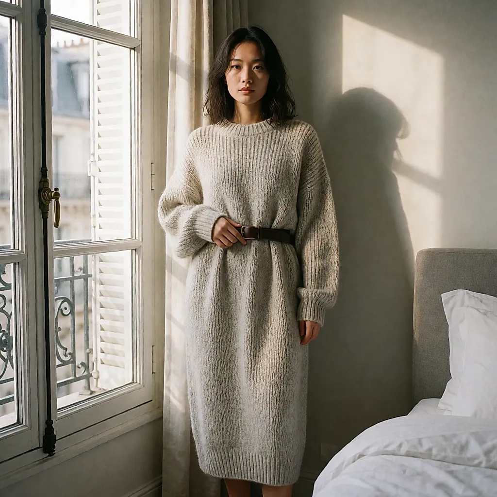 Ceintures en cuir : structurer la taille sur une robe pull ou une tunique en maille cet automne
