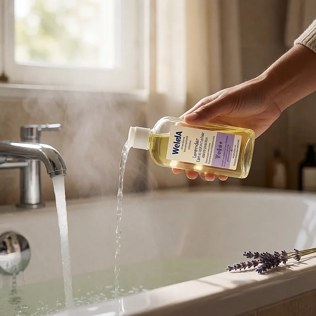Une main verse l'huile de bain à la lavande sous le robinet pendant que la baignoire se remplit