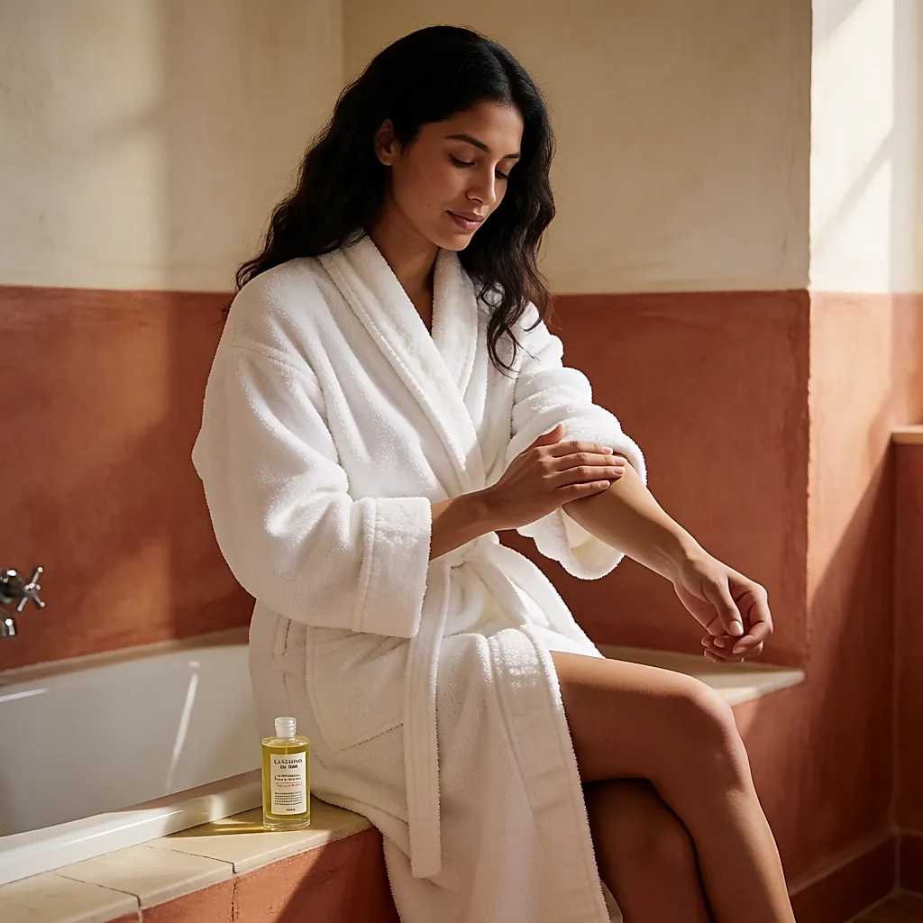 Une femme en peignoir masse l'huile à la fleur d'oranger sur son avant-bras, au bord du bain