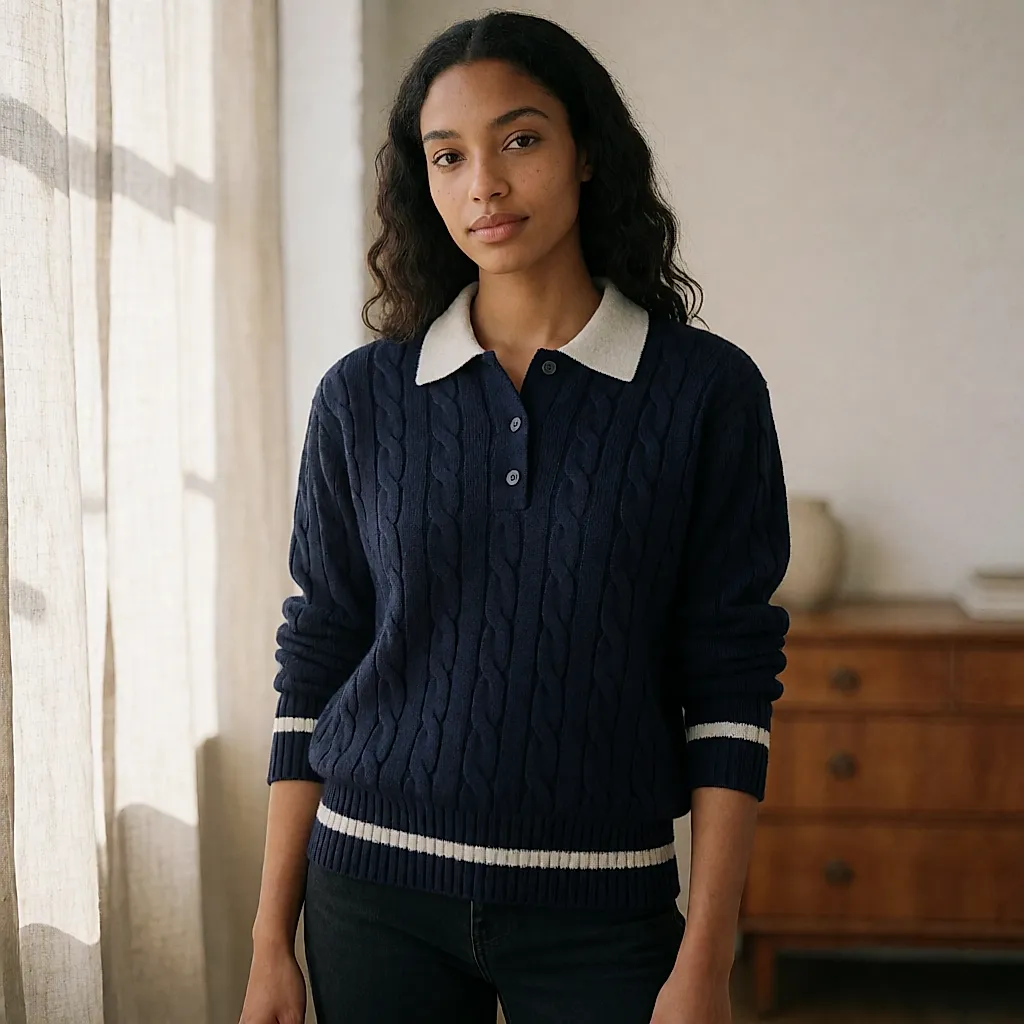 Pull marine en laine et cachemire à mailles torsadées et col polo contrasté, porté sur un jean
