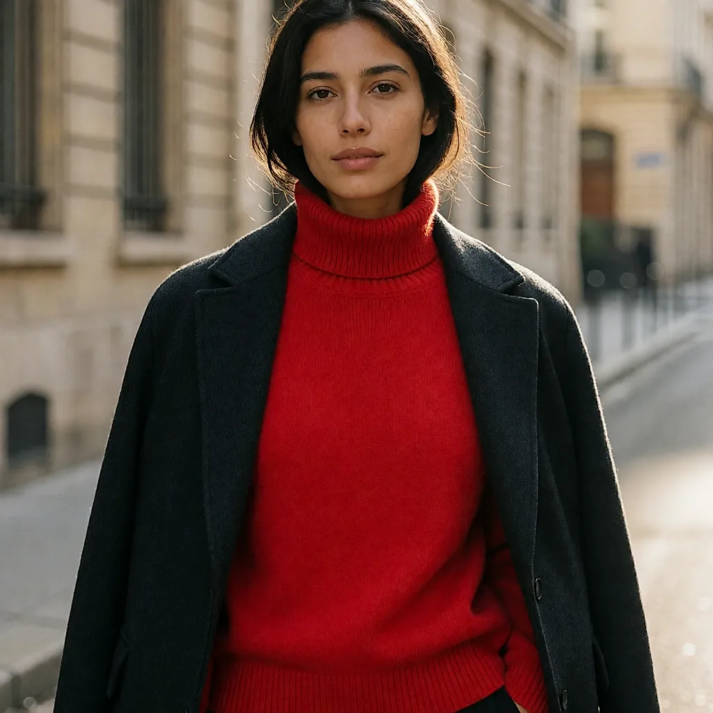 Pull à col roulé rouge en laine, col montant et manches longues, porté sous un manteau sombre