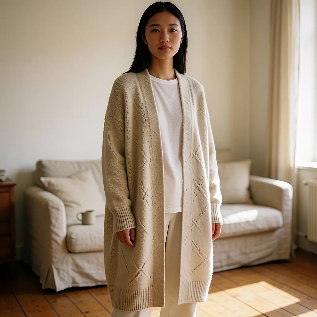 Gilet long en laine jacquard, coupe ample et ouverte, porté sur un tee-shirt fin
