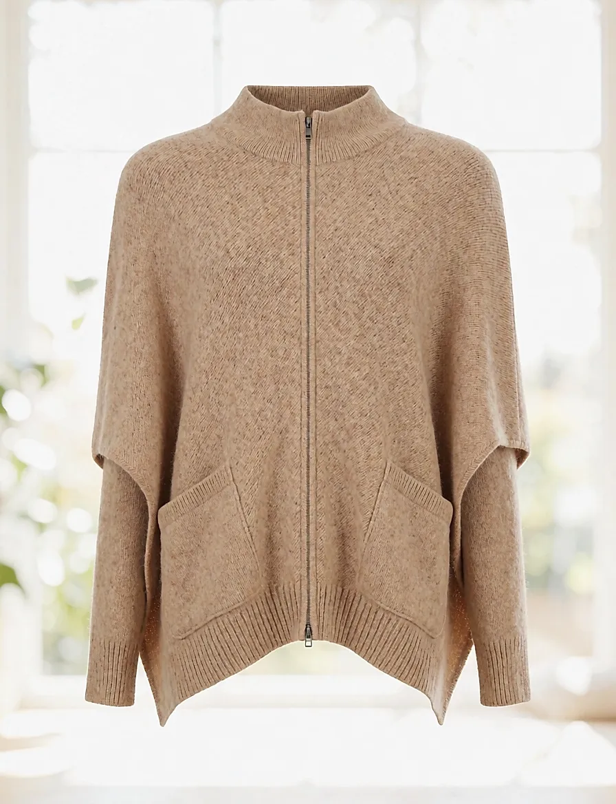 Poncho en maille côtelée à col cheminée — Repeat Cashmere