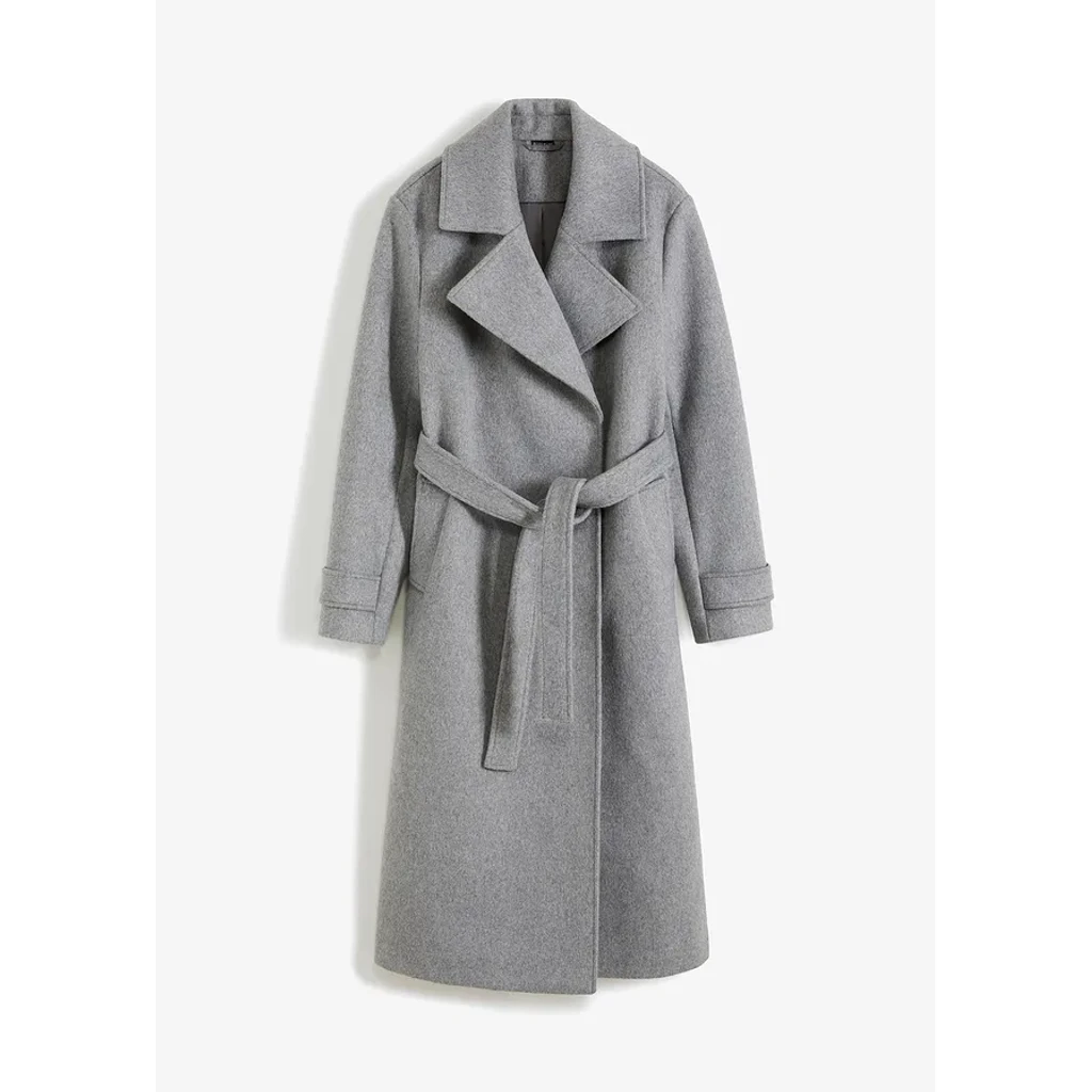 Cappotto lungo in panno grigio melange con cintura annodata — bonprix