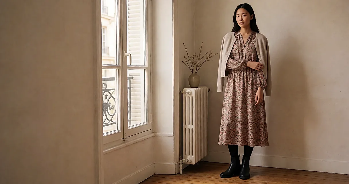 Robes imprimées, collants opaques et boots : la silhouette d’entre-saison à la fin octobre