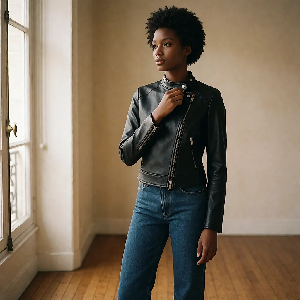 Perfecto en cuir nappa noir à col asymétrique et zip excentré, porté sur un jean en cabine