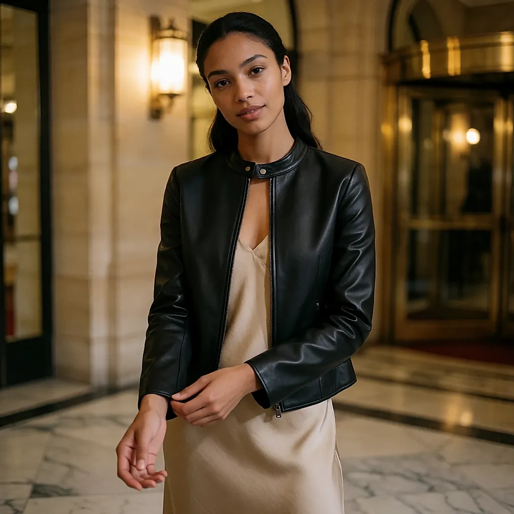 Blouson en cuir noir lisse et ajusté porté sur une robe satinée beige dans un hall