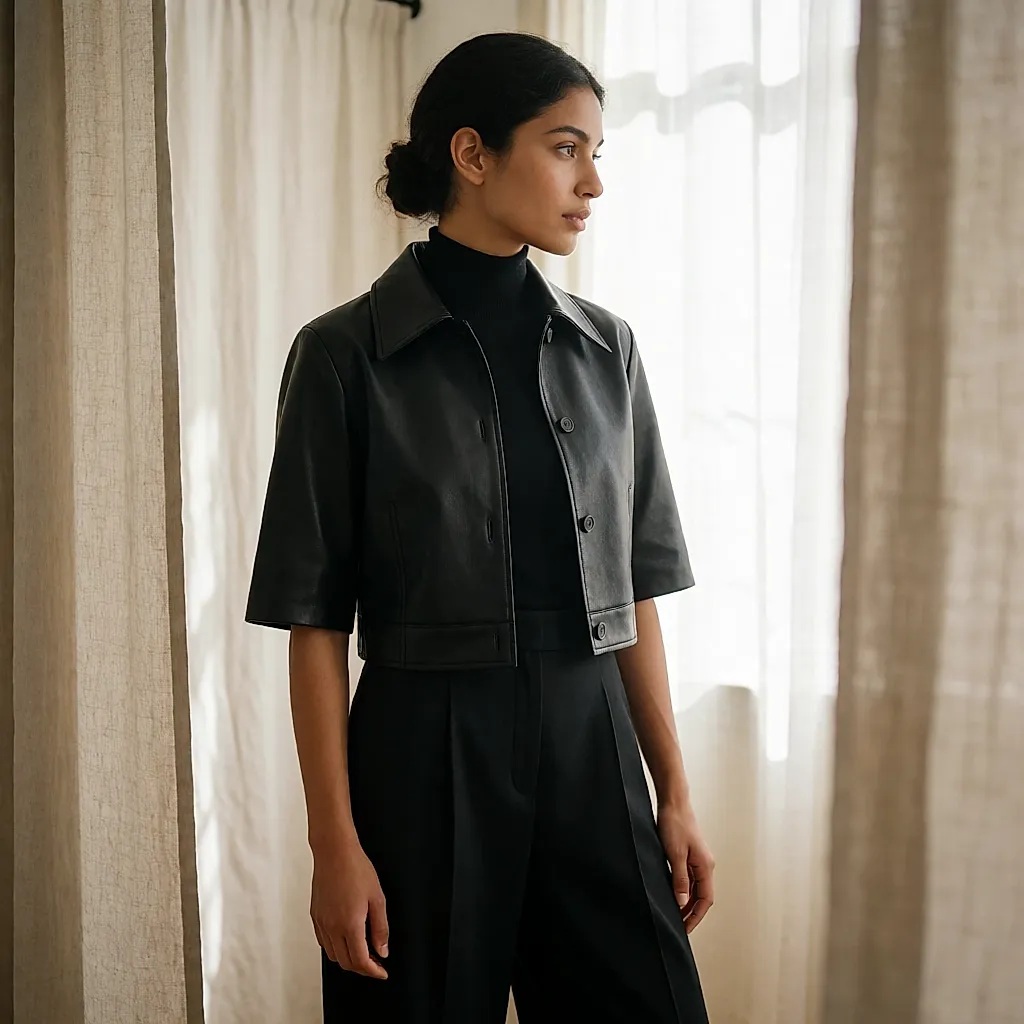 Veste courte en cuir noir à demi-manches et col chemise, portée sur un col roulé fin