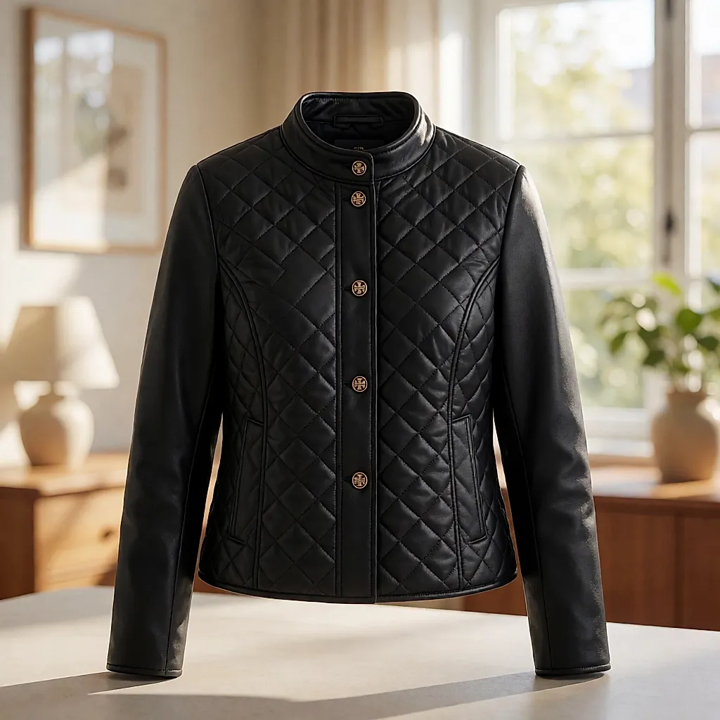 Veste Tory Burch en cuir noir à col montant