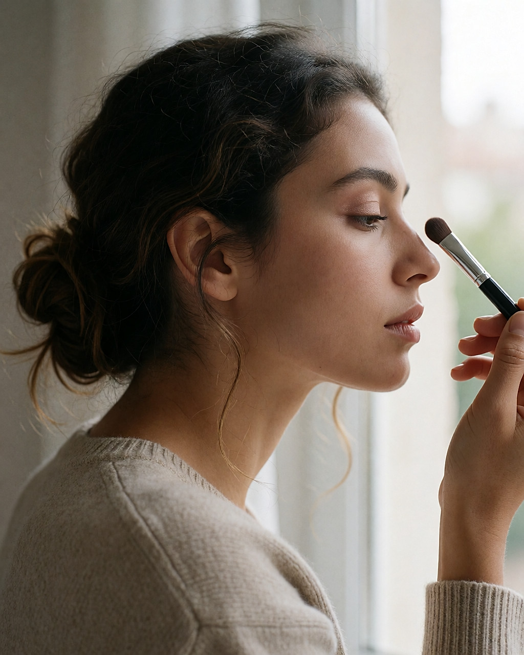 Jeune femme de profil devant une fenêtre applique du bout du doigt un fard satiné translucide sur sa paupière