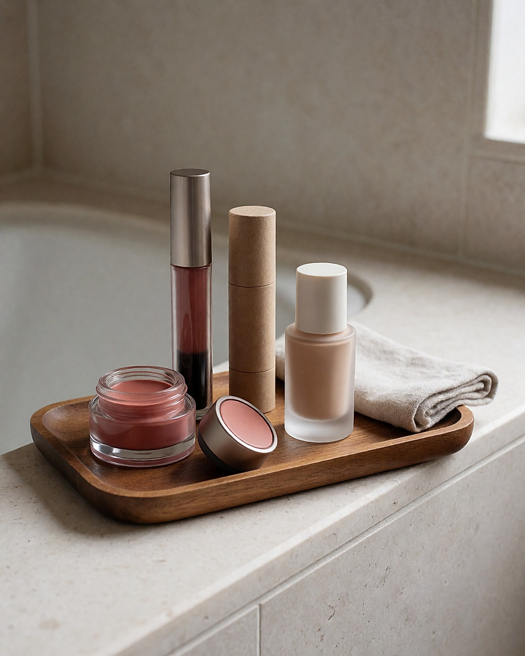 Pot de blush crème en verre, mascara, baume teinté en carton et base fluide posés sur une étagère de pierre