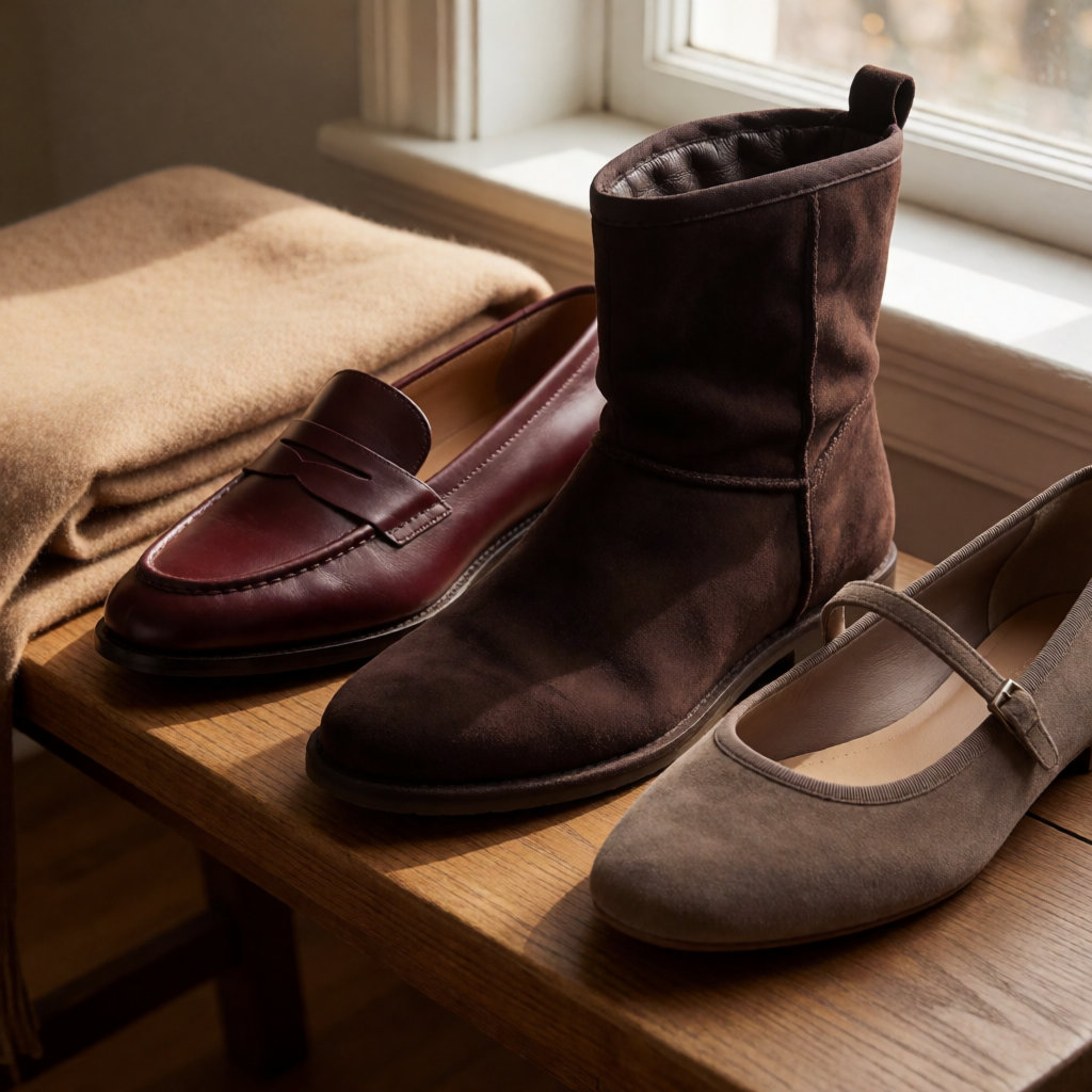 Trois paires de chaussures alignées sur un banc en bois : mocassin bordeaux, botte chocolat et ballerine taupe