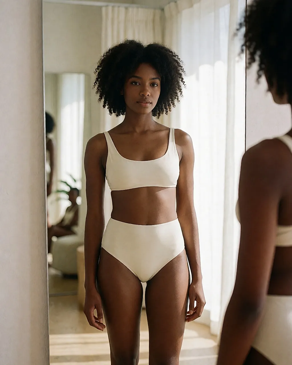 A young woman trying on a well-fitted two-piece swimsuit in a changing room