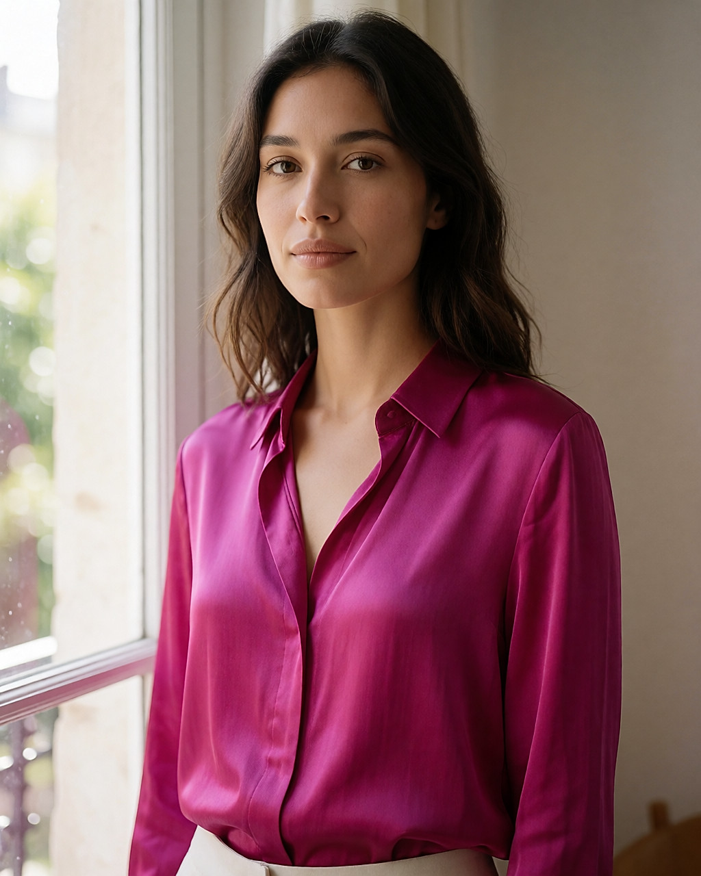 Jeune femme portant une blouse en satin fuchsia près d'une fenêtre, lumière naturelle douce