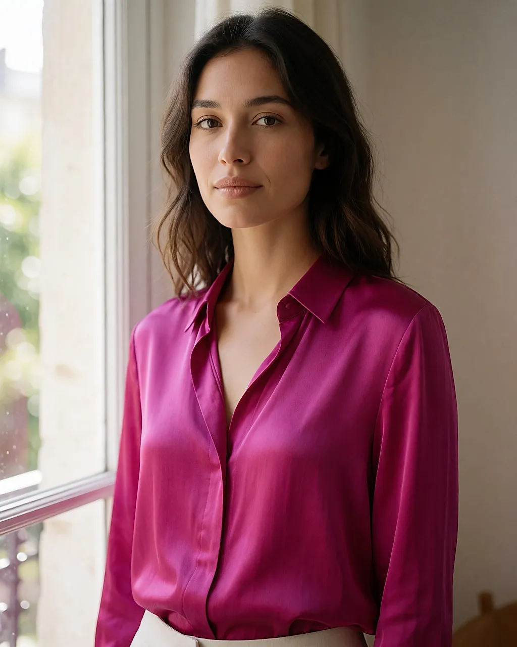 Junge Frau in einer Fuchsia-Bluse aus Satin an einem Fenster, weiches Tageslicht