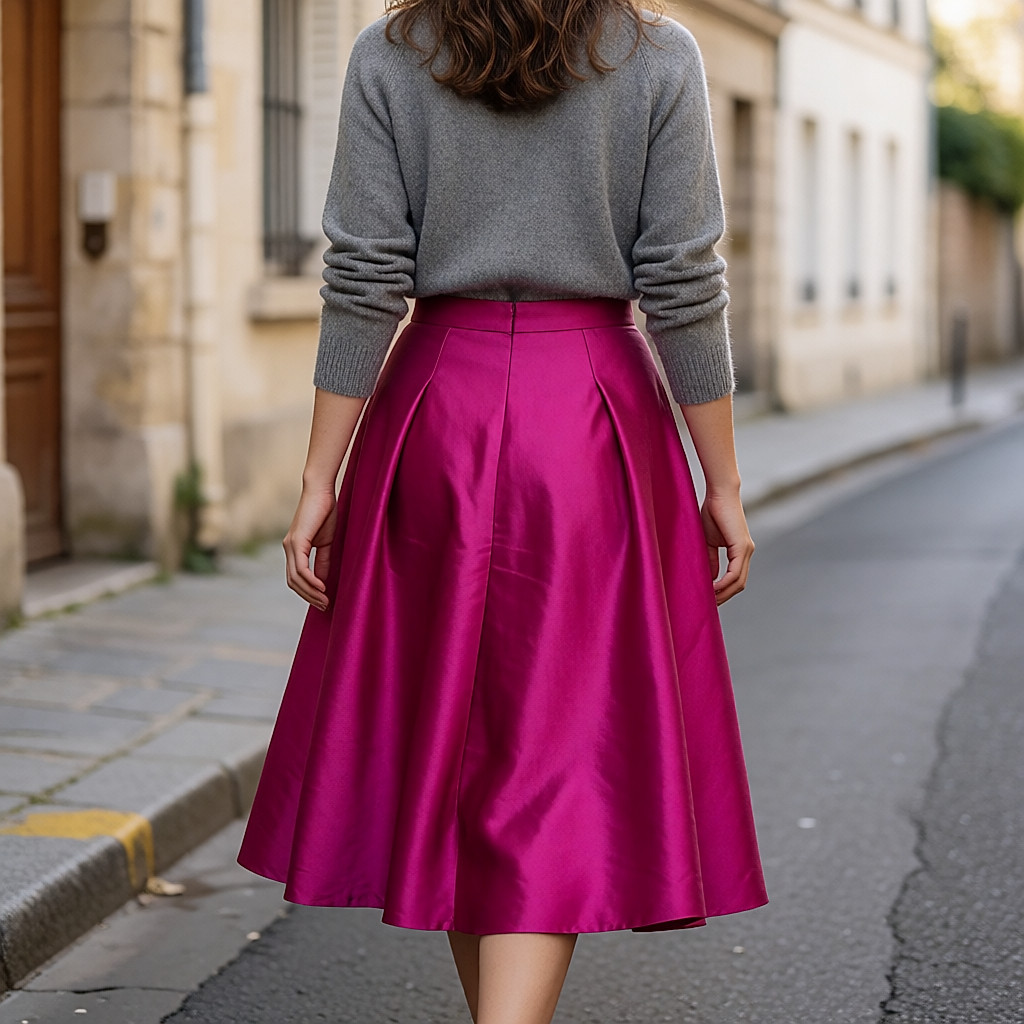 Junge Frau von hinten beim Gehen, langer Satinrock in Fuchsia und grober grauer Strick