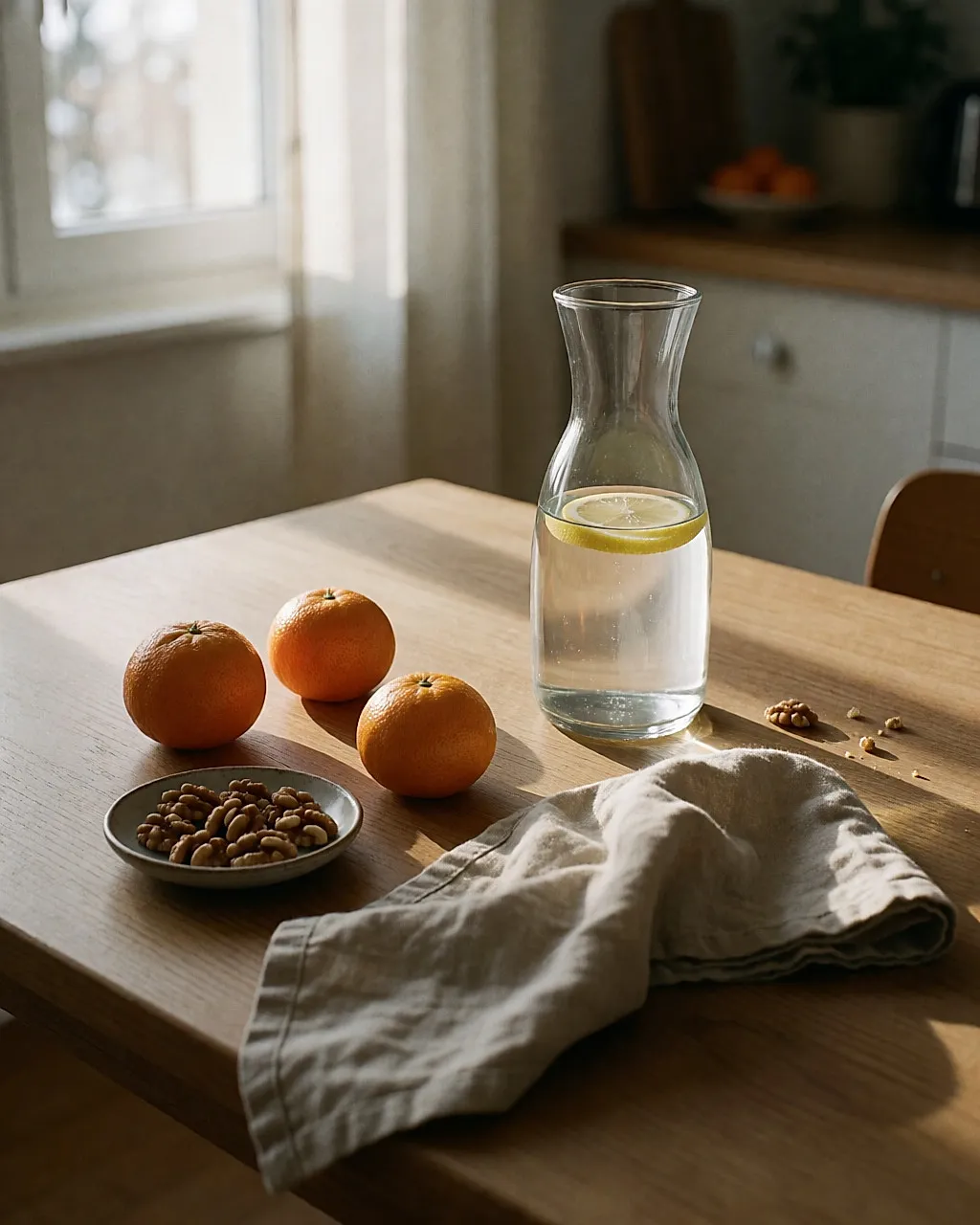 Jarra de agua, clementinas y ropa arrugada sobre una mesa recogida