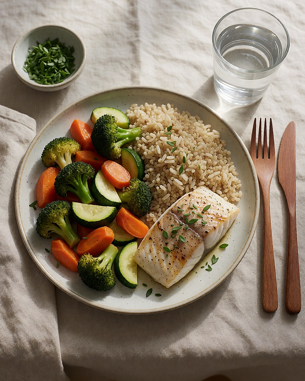 Vue du dessus d'une assiette : moitié légumes, un quart protéines, un quart féculents