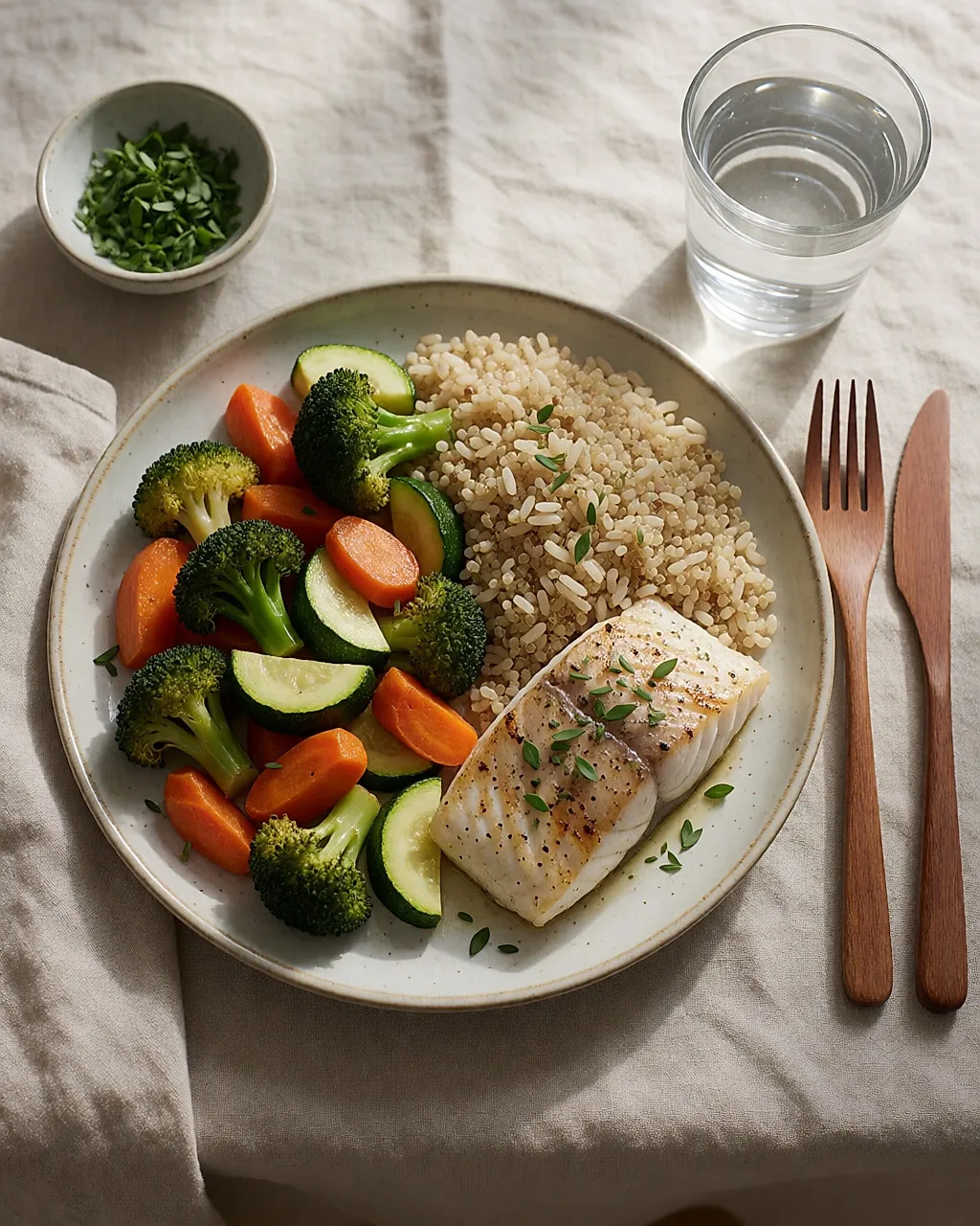 Vista desde arriba de un plato: medio de verduras, un cuarto de proteínas y un cuarto de cereales integrales