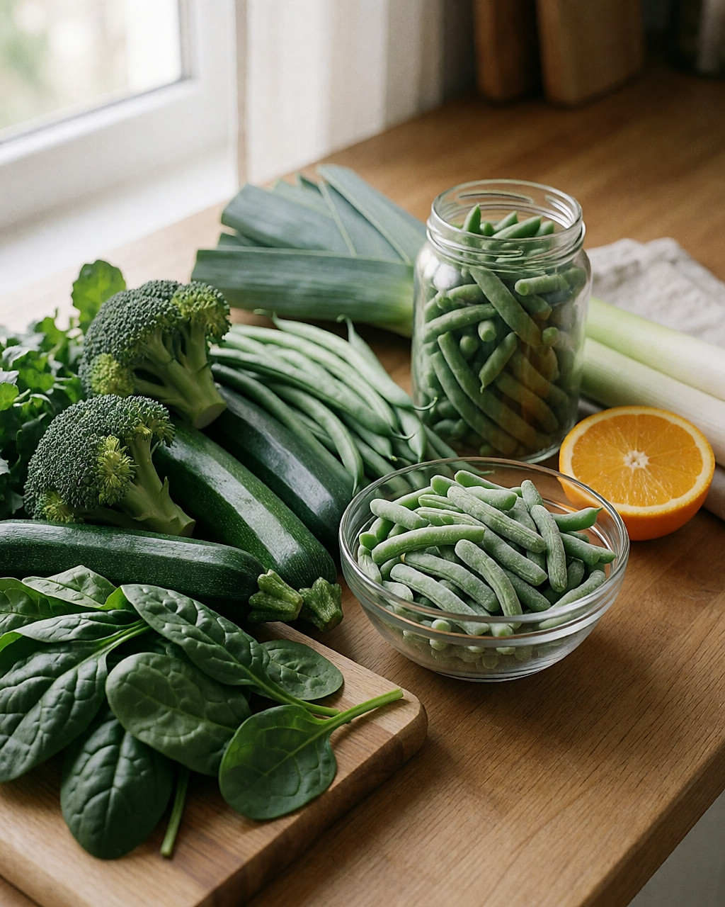 Légumes verts frais et surgelés, épinards et brocolis, sur un plan de travail en bois