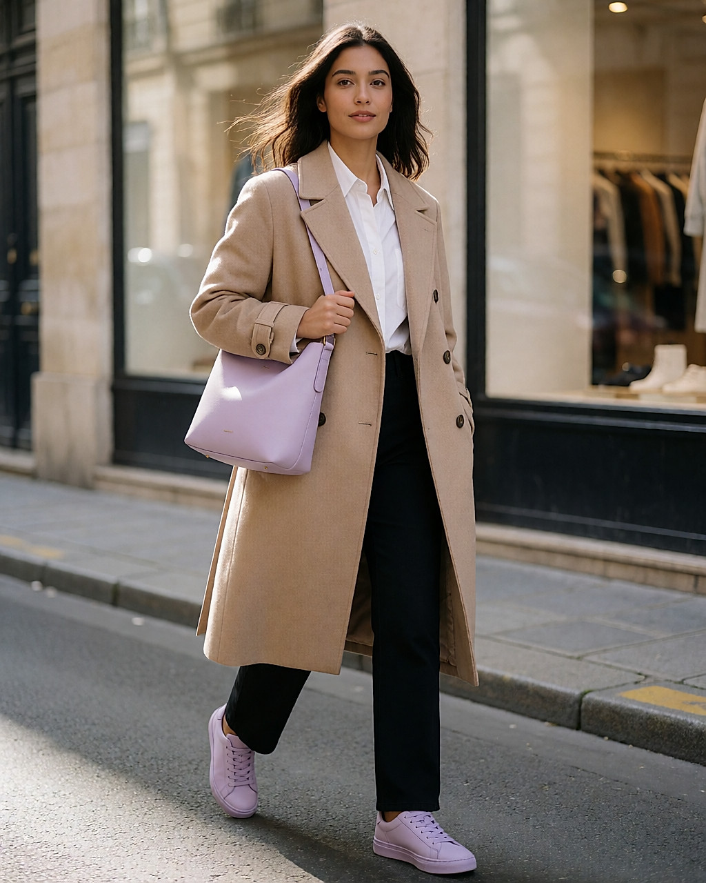Femme en trench beige portant un sac parme et des baskets parme dans la rue