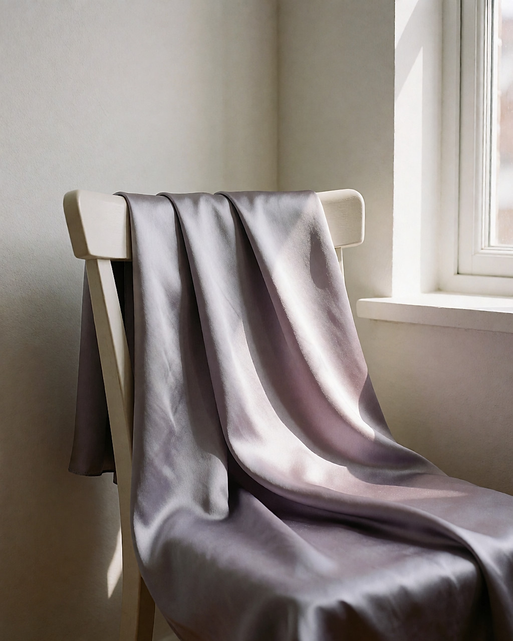 Tissu de soie parme drapé sur une chaise en bois près d'une fenêtre, plis éclairés par la lumière du jour