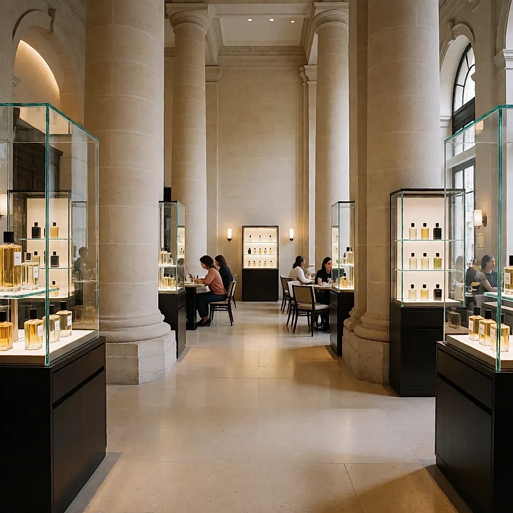 Intérieur monumental d'une parfumerie de luxe, colonnes de pierre claire et présentoirs de flacons