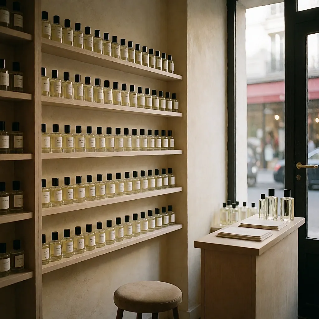 Étagères d'une petite parfumerie indépendante, flacons rangés par famille d'odeurs