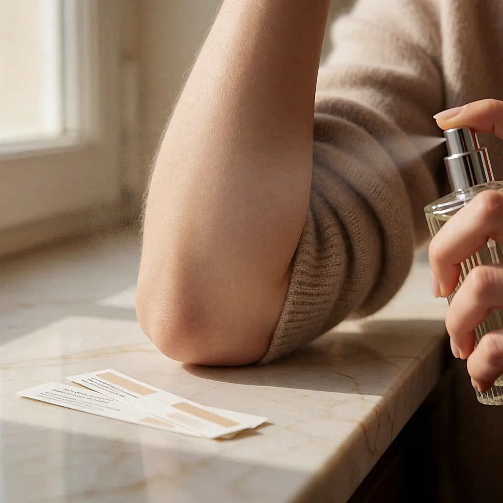 Application d'un parfum sur le pli du coude d'une femme