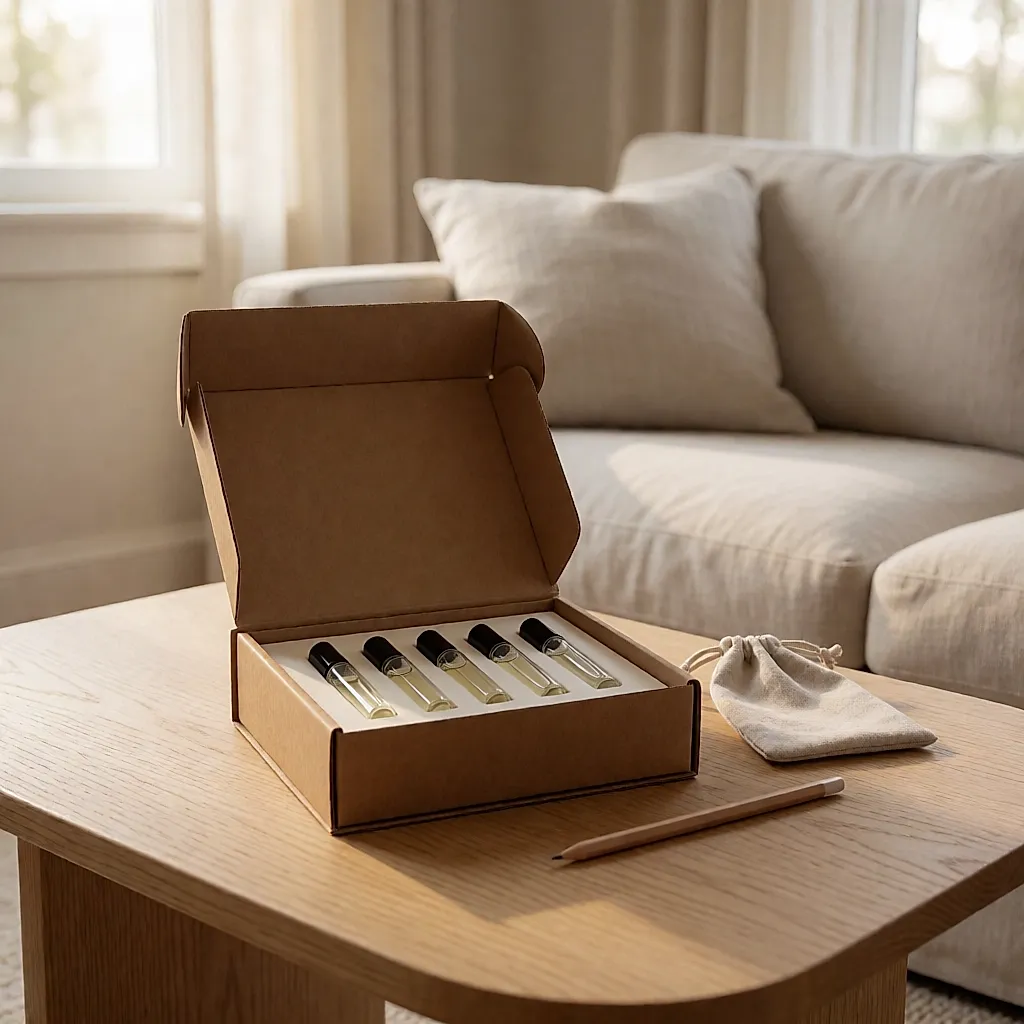 Coffret découverte de cinq flacons miniatures posé sur une table basse