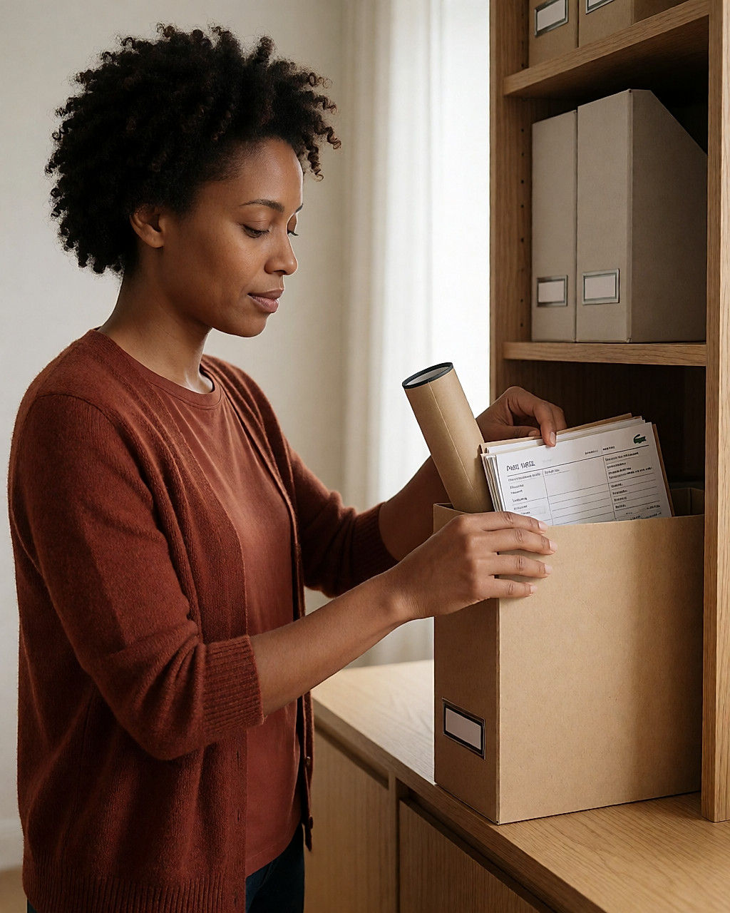 Une femme range des bulletins de salaire et un diplôme dans une boîte d'archives posée sur une étagère