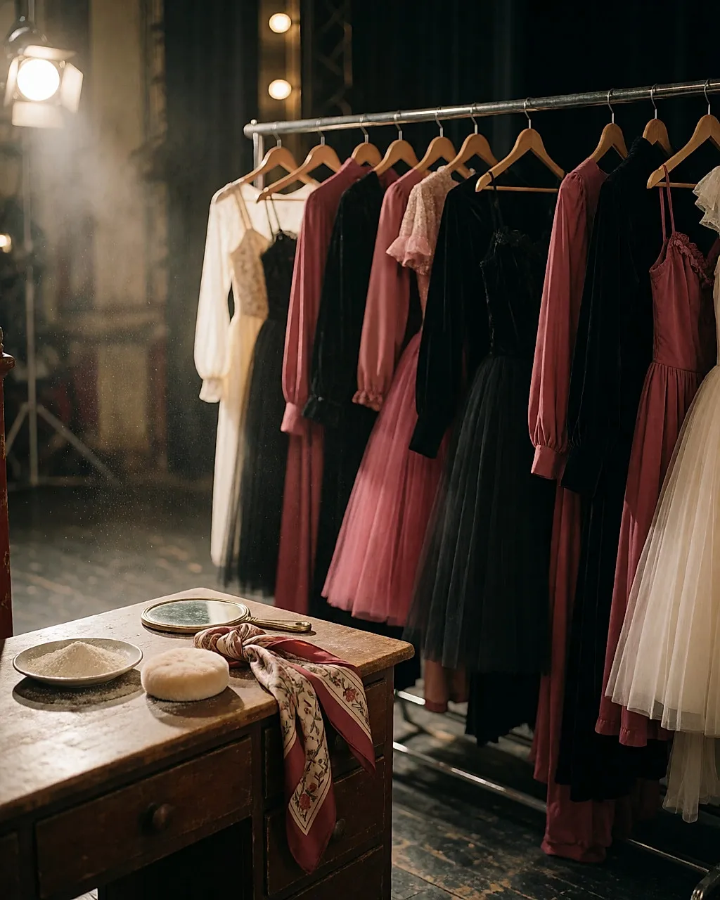 Bambalinas de un teatro: trajes rosa y negro en un perchero, polvo de arroz y borla sobre un tocador de madera
