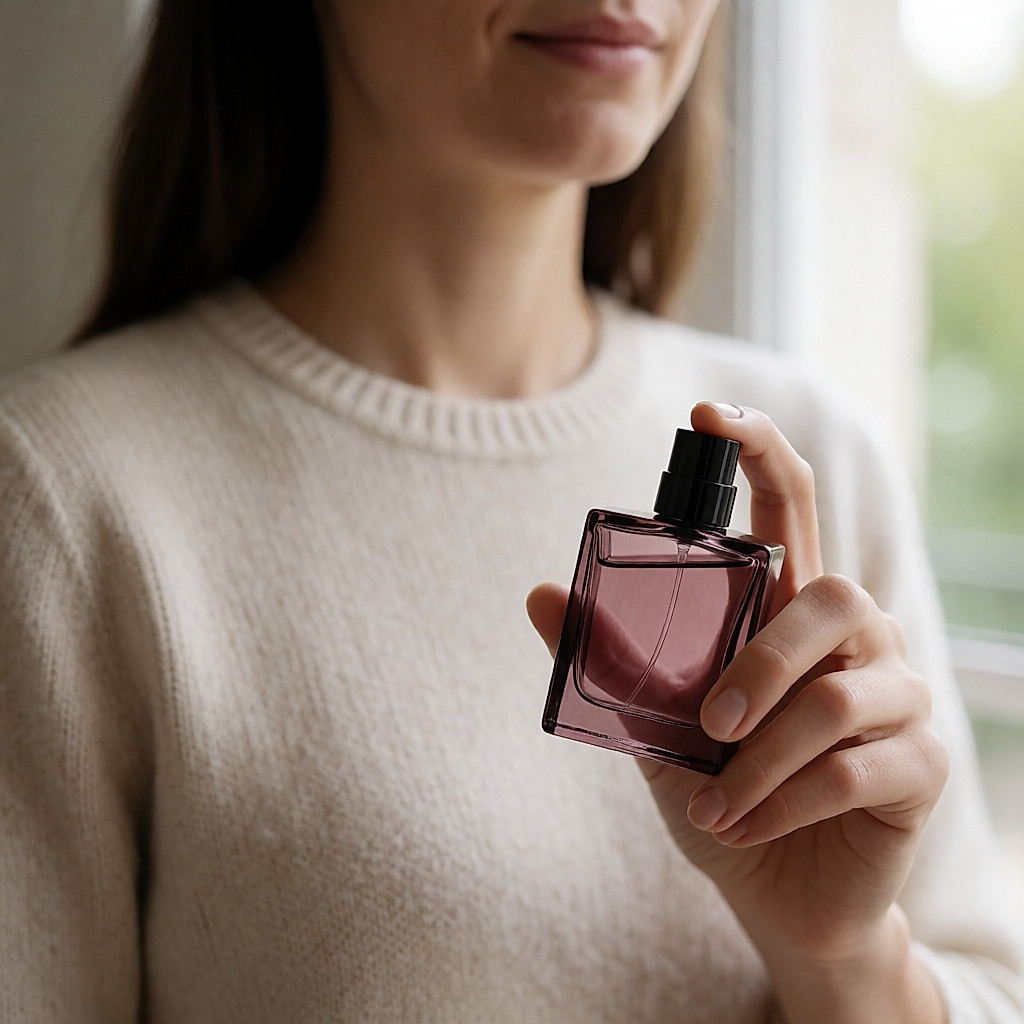 Antebrazo recibiendo una nube de perfume, con un frasco de vidrio rosa oscuro y tapón negro en la mano