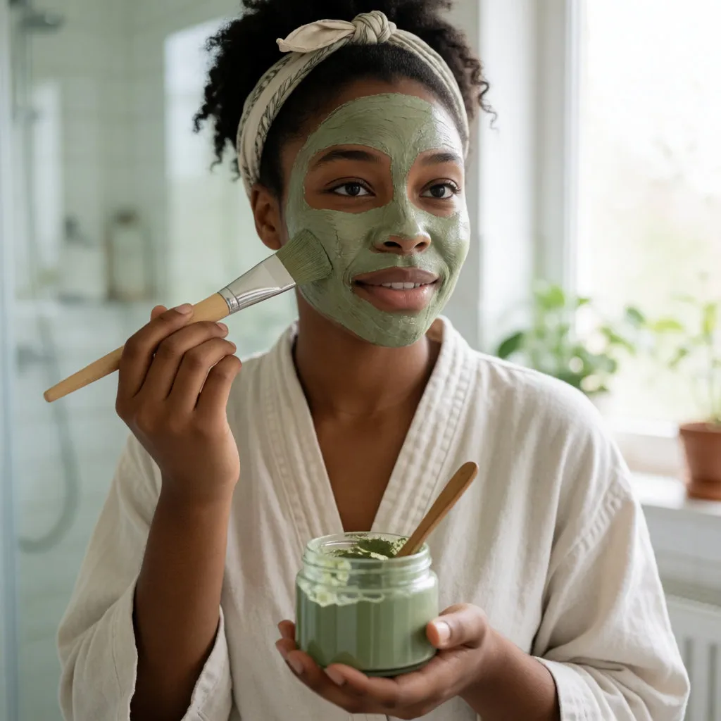 Jeune femme noire appliquant un masque à l'argile verte au pinceau dans une salle de bain lumineuse