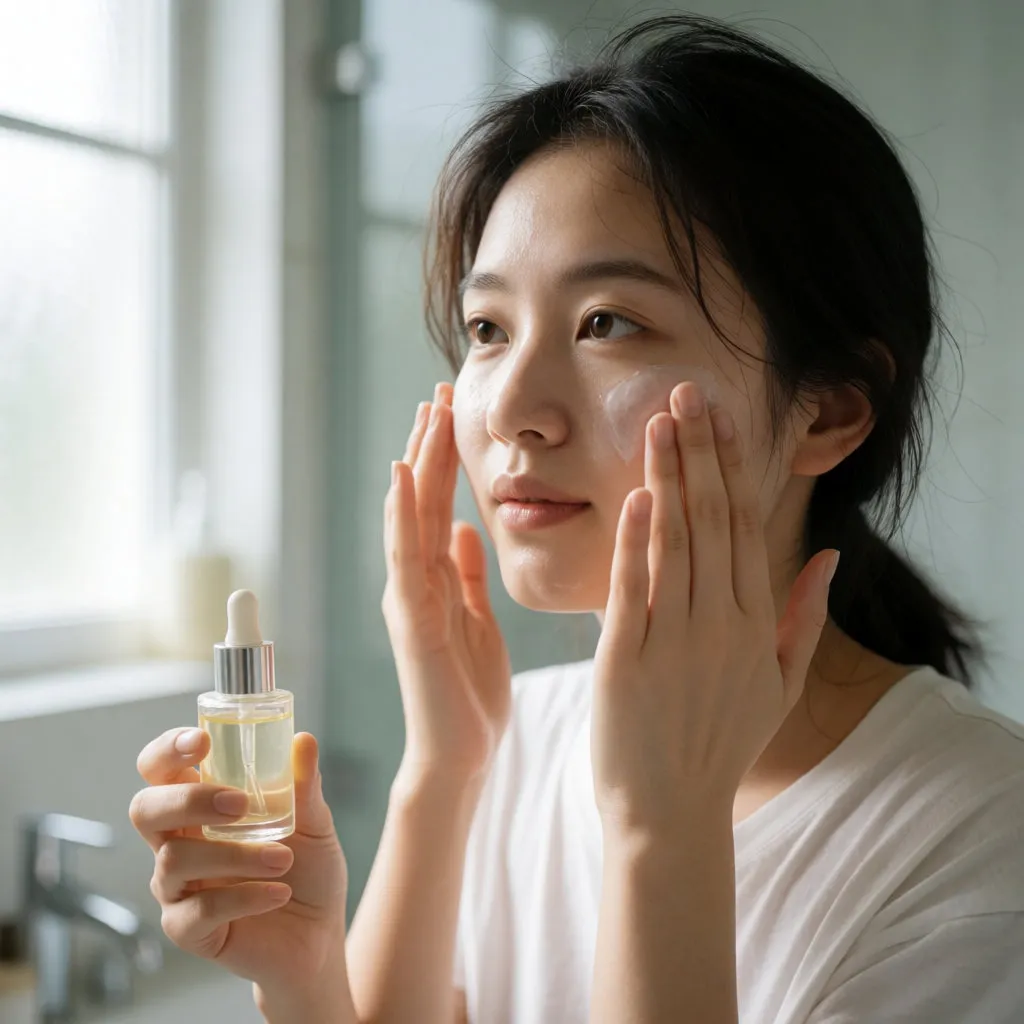 Jeune femme asiatique appliquant une crème légère sur peau humide, dans une salle de bain