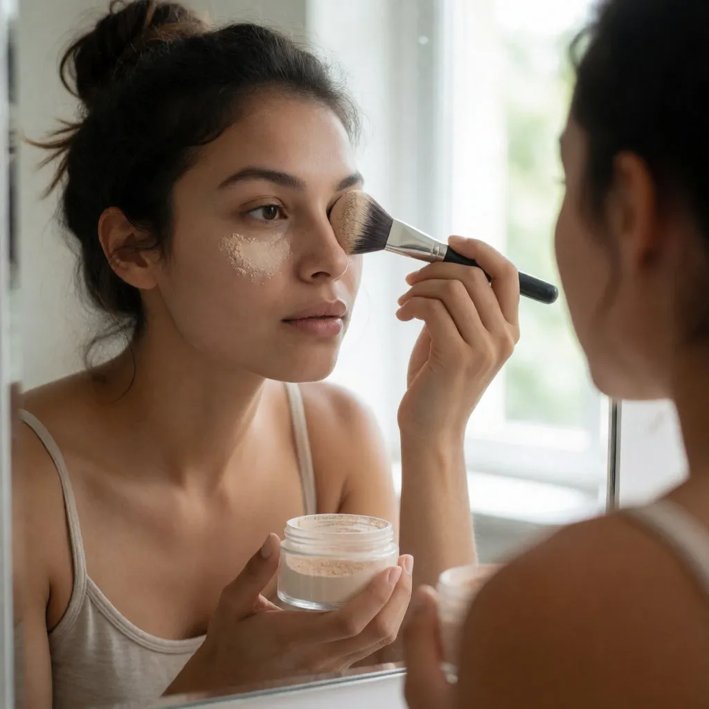 Jeune femme métissée appliquant une poudre libre fine sur la zone T devant un miroir