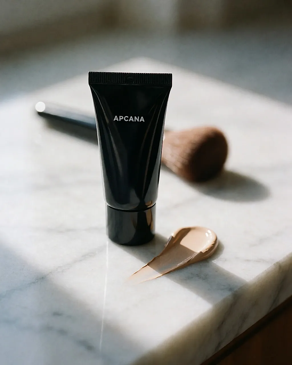 Tube noir de base de maquillage matifiante et noisette de texture étalée sur du marbre