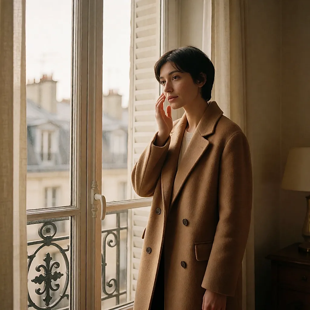 Une femme applique une crème de jour sur sa joue devant une fenêtre de ville