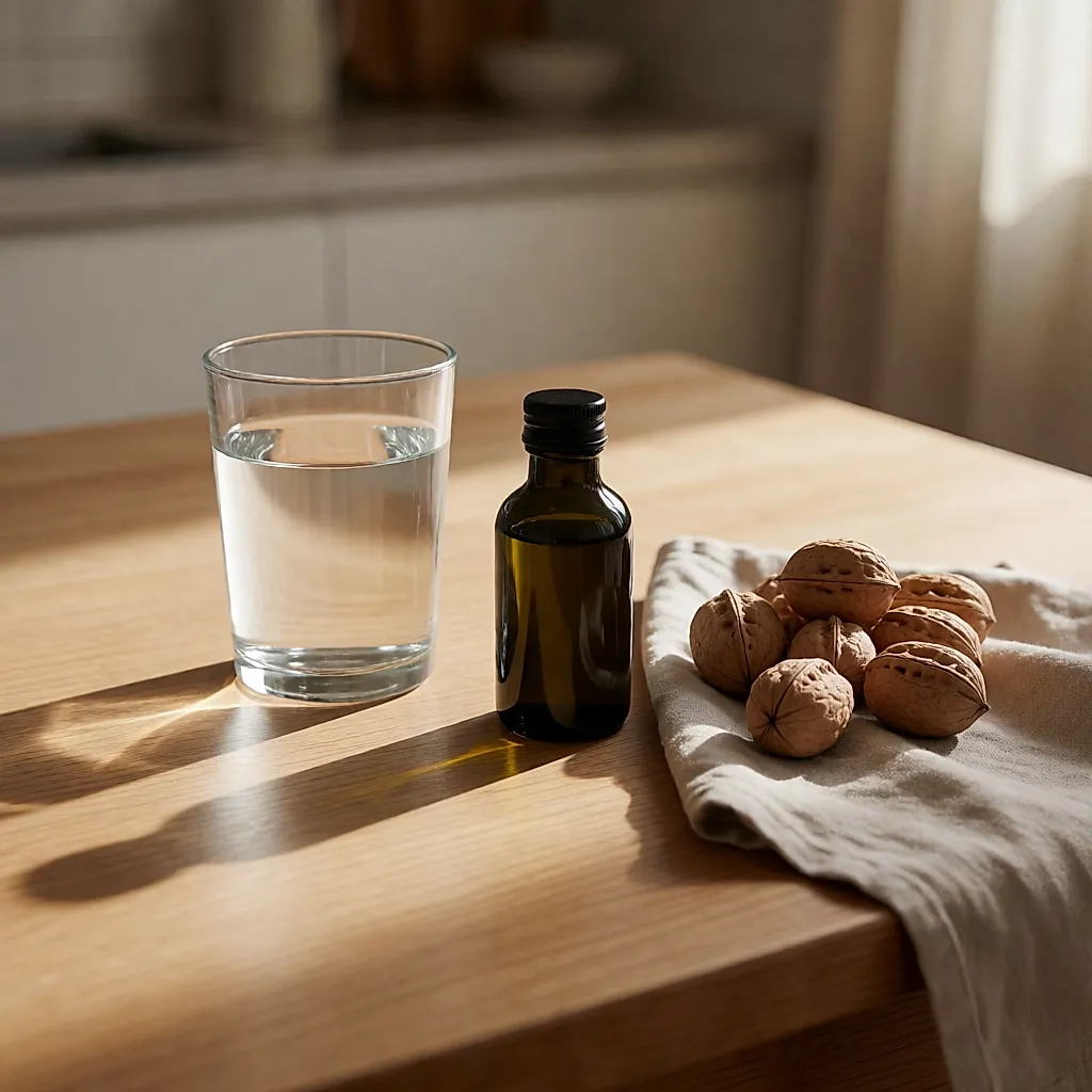 Un verre d'eau, des noix et une huile végétale sur une table de cuisine