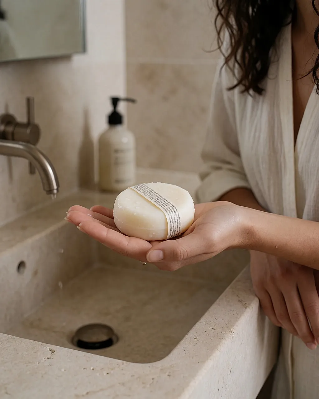 Un pain dermatologique sans savon tenu dans une main au-dessus du lavabo en pierre