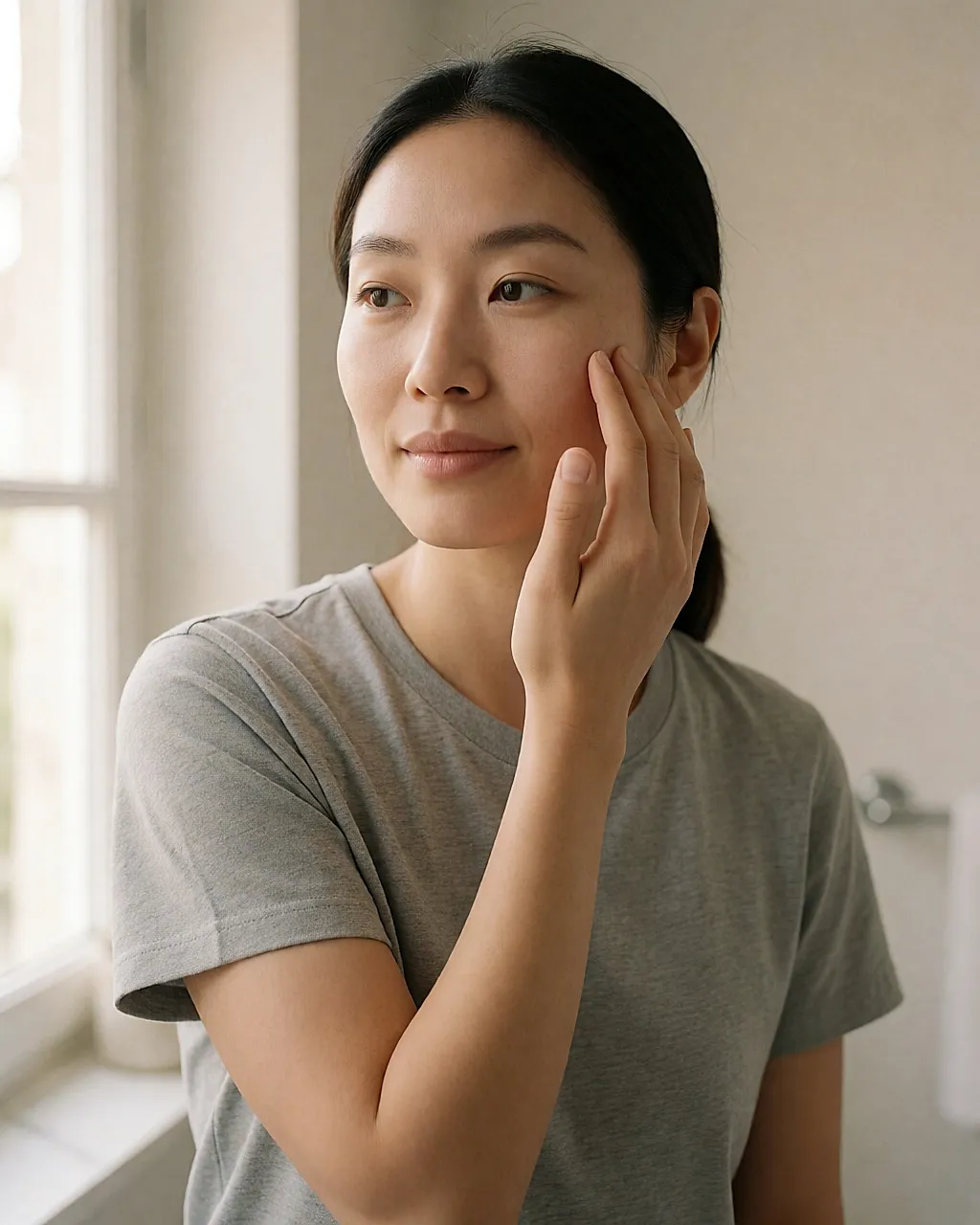 Une femme applique une crème visage simple sur sa peau encore humide