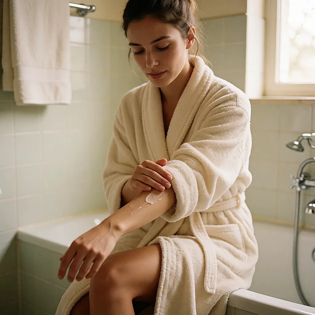 Une femme en peignoir applique une crème corps riche sur son avant-bras