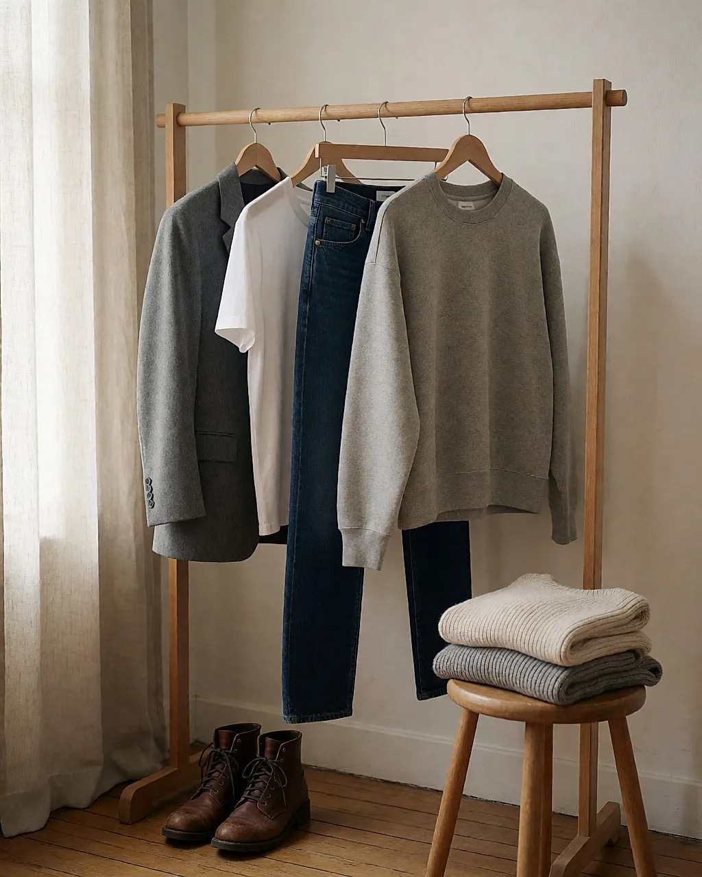 Visual minimalista com blazer de lã, T-shirt branca, jeans em denim cru e botas de couro