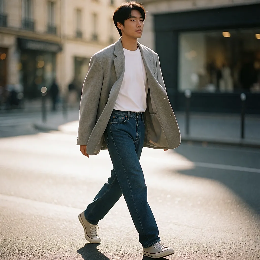 Visual masculino visto na rua: alfaiataria sobre denim, streetwear artesanal e acabamentos a decifrar