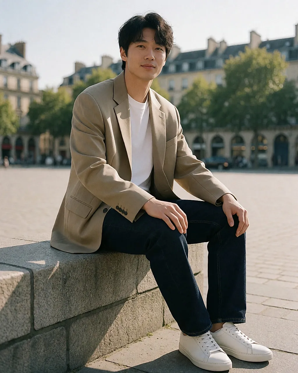Young man sitting on a low wall, oversized beige blazer over a white tee, dark raw denim jeans and low-top sneakers