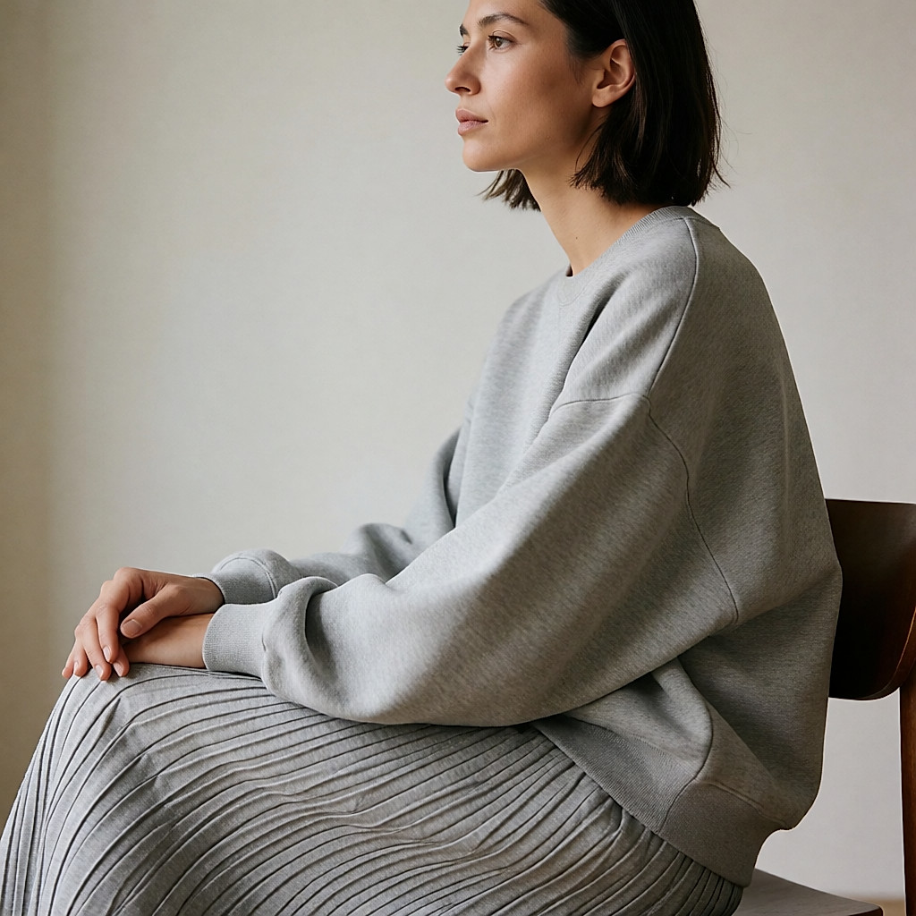 Man sitting in profile, oversized grey marl sweatshirt and wide pleated trousers, the texture of the fabric clearly visible